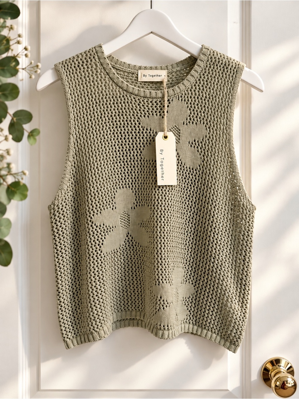 NWT By Together Bloomfield Crochet Floral Knit Top Moss M